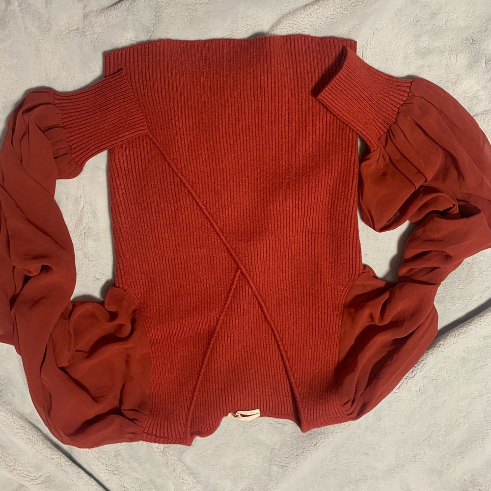 Urban Outfitters Off-Shoulder Puff-Sleeve Sweater in Brick Red